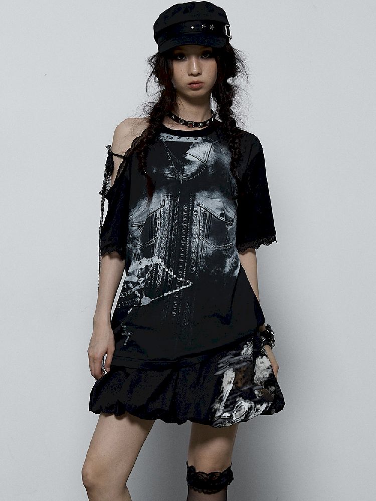 Spliced Lace Strapless Loose Slim Short Sleeve T-Shirt【s0000009383】