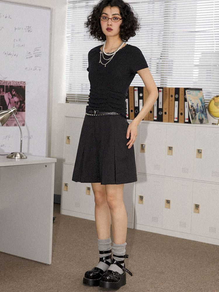 Round Lace Neck Jacquard Pleated Short Sleeve T-Shirt【s0000008850】