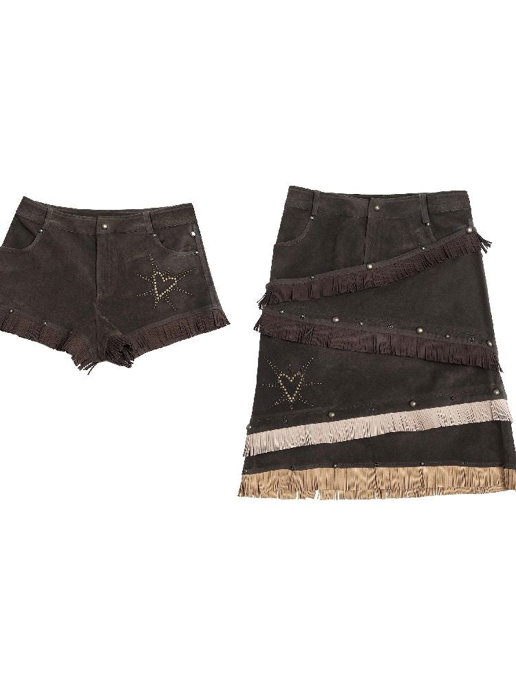 Heavy Suede Removable Shorts Tassel Half Skirt【s0000005012】