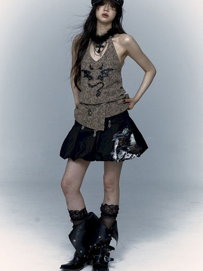 Embroidered Leopard Print Hanging Neck Vest Camisole【s0000009009】