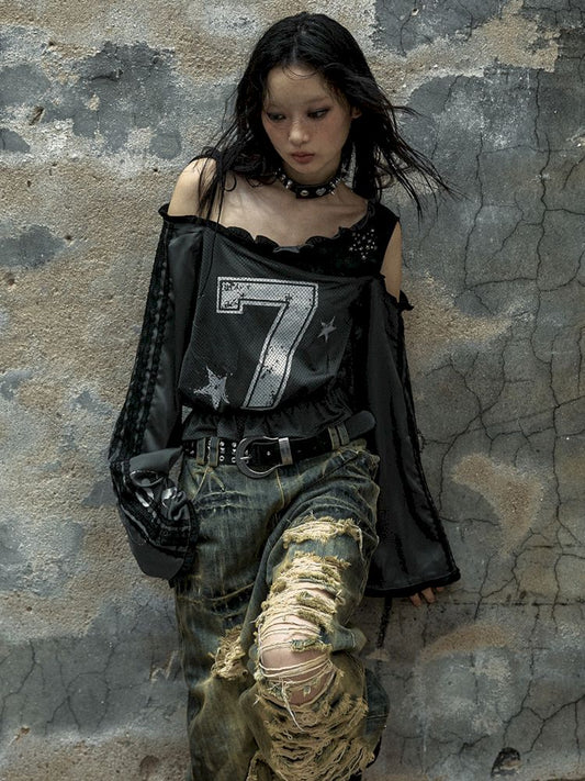 lace stitching sports jersey short top