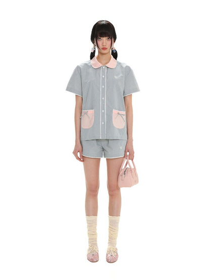 Lace Bow Embroidery Short Sleeve Shorts Pajama Set【s0000008661】