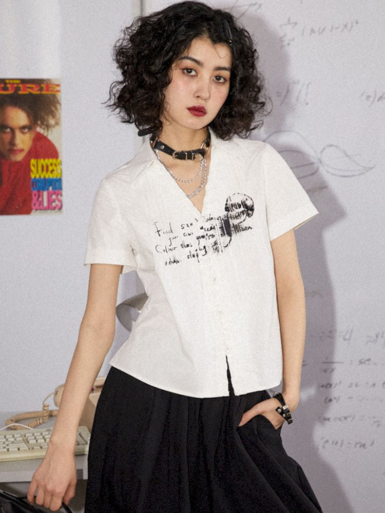 Printed Pinch Pleat Positive Shoulder Short Sleeve Shirt【s0000008834】