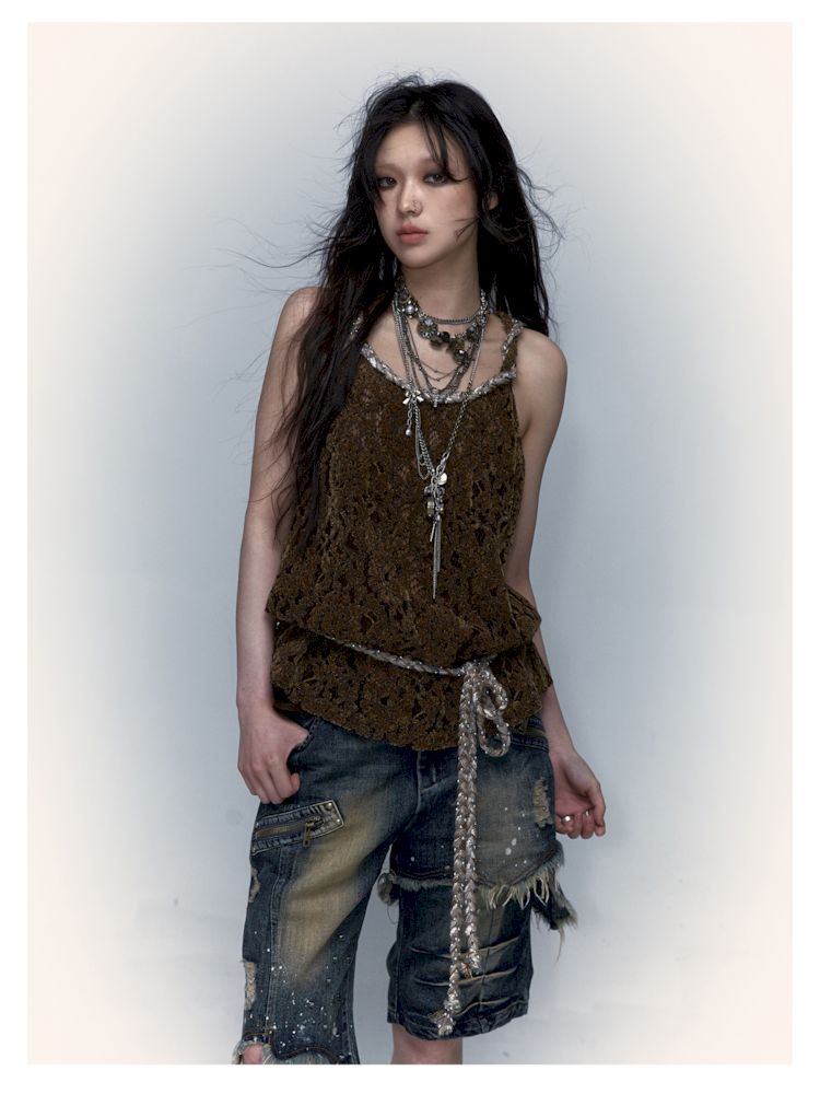 Slouchy Old Hollowed Out Loose Flocked Lace Vest【s0000008134】