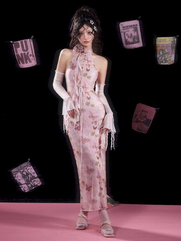 Butterfly Print Slit Tie Long Pink Cheongsam Dress【s0000009726】