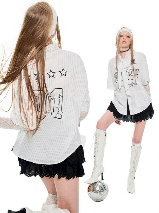 Bow Tie Ballgown Striped Short Sleeve Shirt【s0000009707】