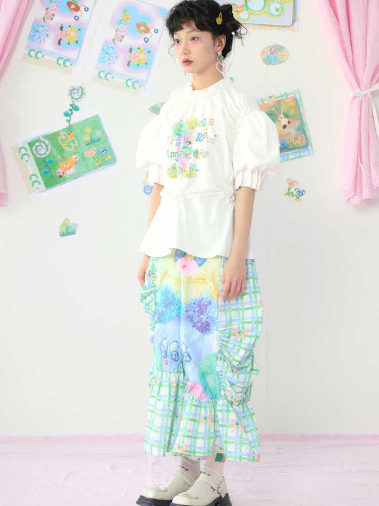 Lace Drawstring Bubble Sleeve White Tee【s0000009080】