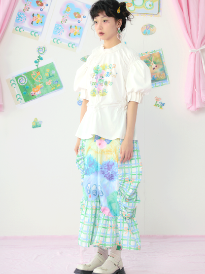 Lace Drawstring Bubble Sleeve White Tee【s0000009080】