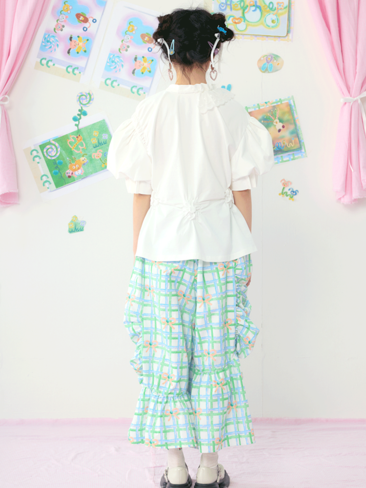 Lace Drawstring Bubble Sleeve White Tee【s0000009080】