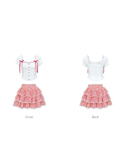 Red and white checkered bow lace set【s0000009315】