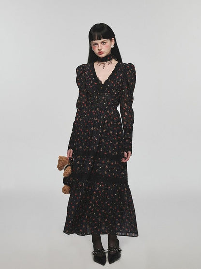 Retro bear floral lace waist long V-neck dresses【s0000004741】