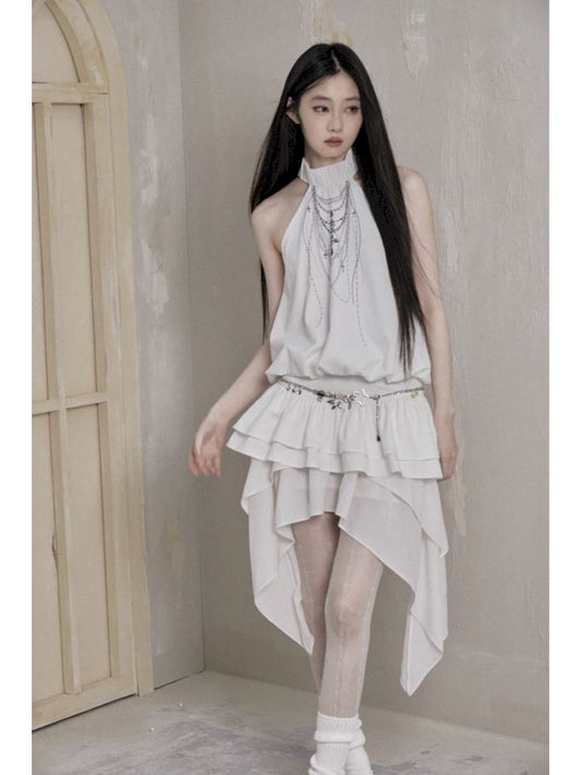 Irregular mesh splicing a-line high waist bustier skirt 【s0000007783】