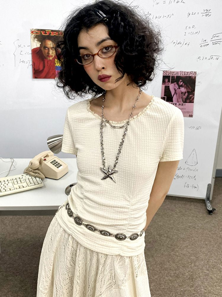 Round Lace Neck Jacquard Pleated Short Sleeve T-Shirt【s0000008850】