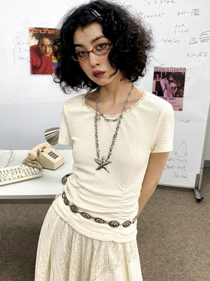 Round Lace Neck Jacquard Pleated Short Sleeve T-Shirt【s0000008850】