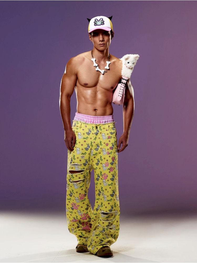 Cat Rabbit Printed Ripped Jeans【s0000008983】