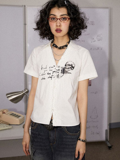 Printed Pinch Pleat Positive Shoulder Short Sleeve Shirt【s0000008834】