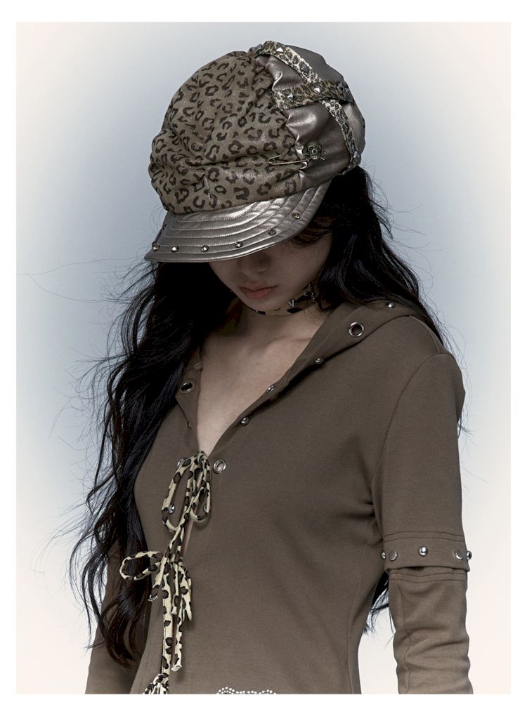 Punk Leopard Print Splicing Rivets Beret【s0000008999】