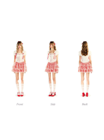 Red and white checkered bow lace set【s0000009315】