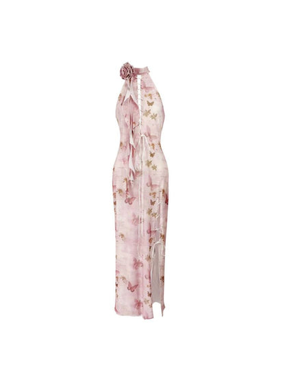 Butterfly Print Slit Tie Long Pink Cheongsam Dress【s0000009726】