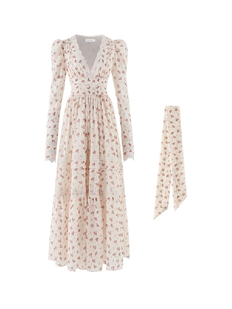 Retro bear floral lace waist long V-neck dresses【s0000004741】