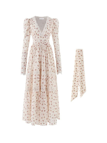 Retro bear floral lace waist long V-neck dresses【s0000004741】