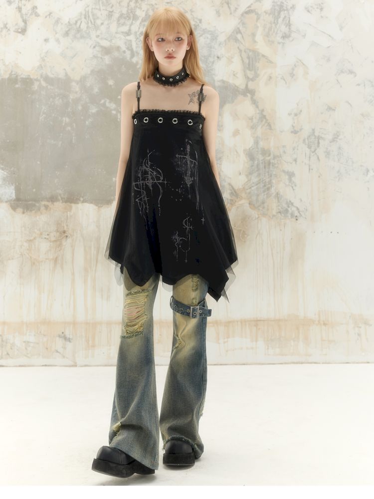 Washed and worn holes low-rise denim pants【s0000008391】