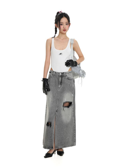 Multiple holes denim long skirt【s0000008678】