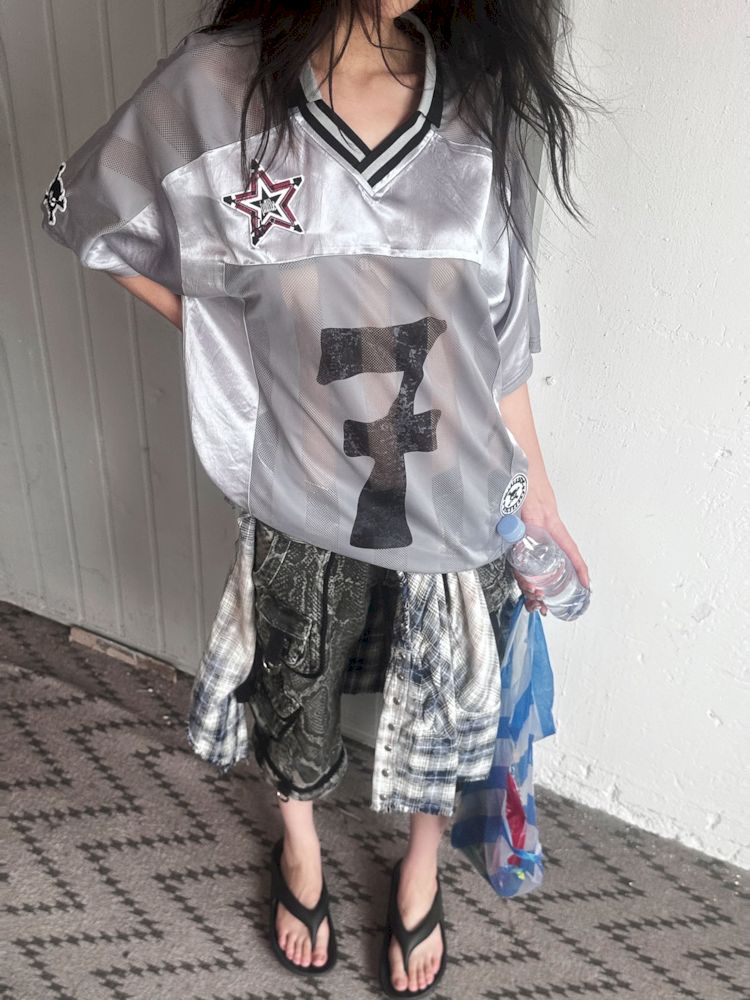 Satin Patchwork Street Oversize Jersey T-Shirt【s0000008498】