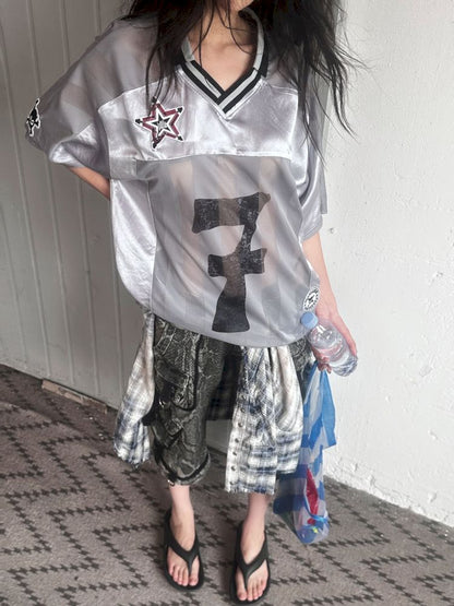 Satin Patchwork Street Oversize Jersey T-Shirt【s0000008498】