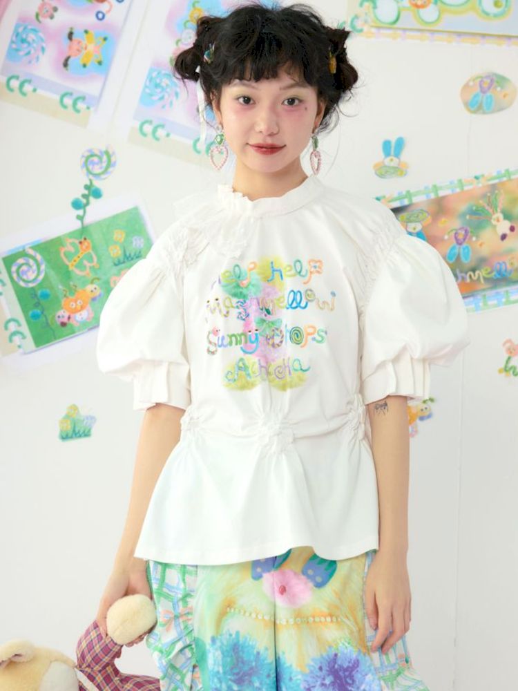 Lace Drawstring Bubble Sleeve White Tee【s0000009080】