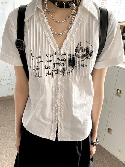 Printed Pinch Pleat Positive Shoulder Short Sleeve Shirt【s0000008834】