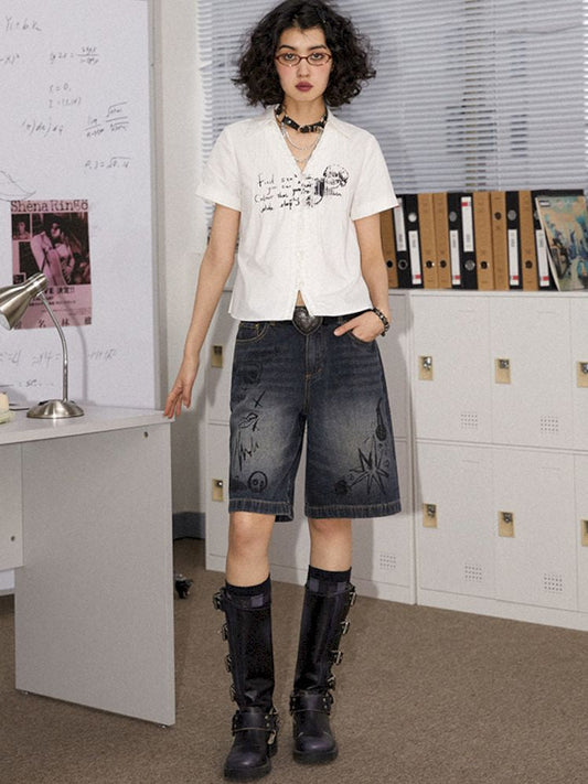 Denim shorts straight casual five-quarter pants【s0000008836】