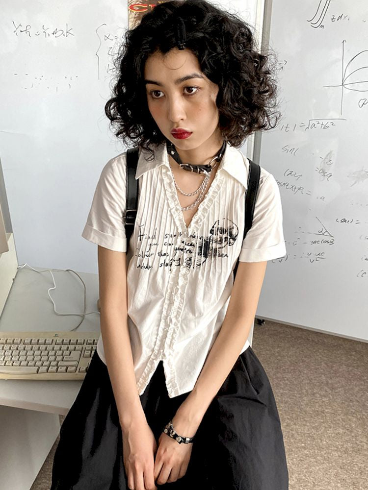 Printed Pinch Pleat Positive Shoulder Short Sleeve Shirt【s0000008834】