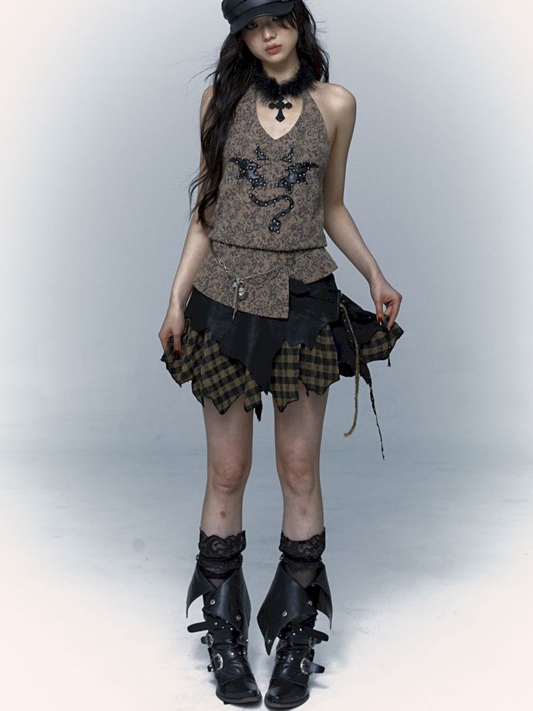 Embroidered Leopard Print Hanging Neck Vest Camisole【s0000009009】