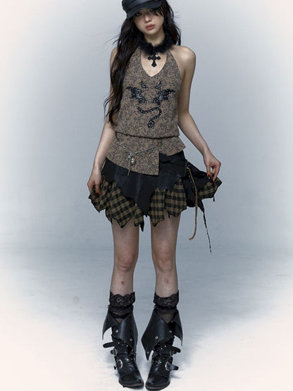 Embroidered Leopard Print Hanging Neck Vest Camisole【s0000009009】