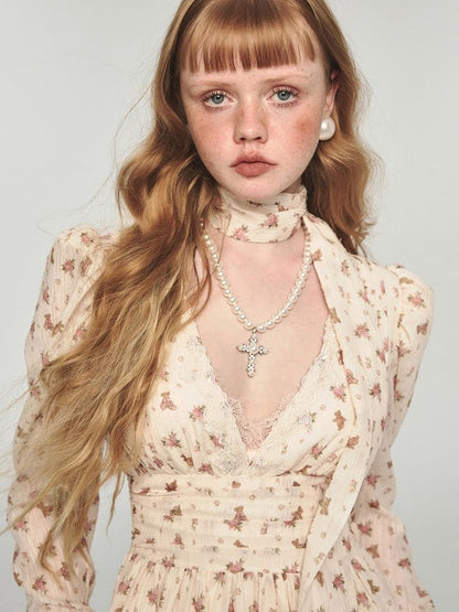 Retro bear floral lace waist long V-neck dresses【s0000004741】