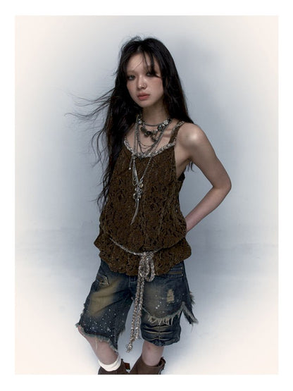 Slouchy Old Hollowed Out Loose Flocked Lace Vest【s0000008134】