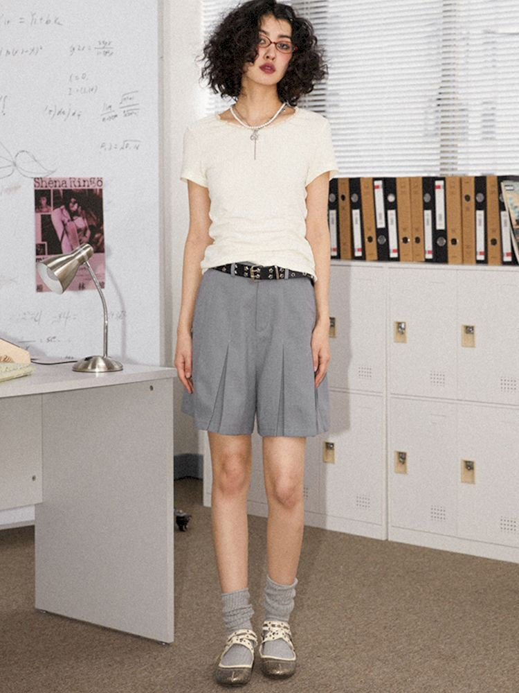 Round Lace Neck Jacquard Pleated Short Sleeve T-Shirt【s0000008850】