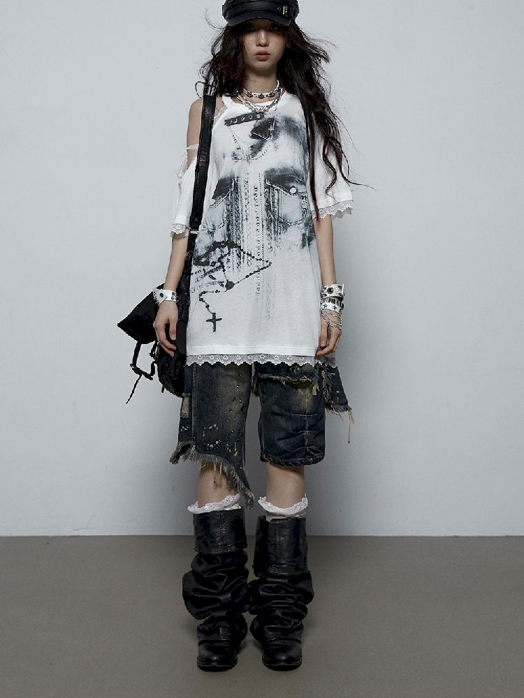 Spliced Lace Strapless Loose Slim Short Sleeve T-Shirt【s0000009383】