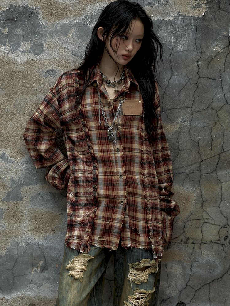 Old washed color collision plaid shirt【s0000009754】