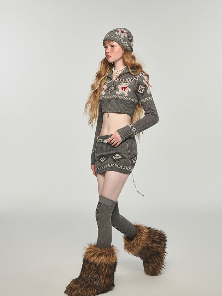 Niche retro jacquard bear knit cap【s0000004736】