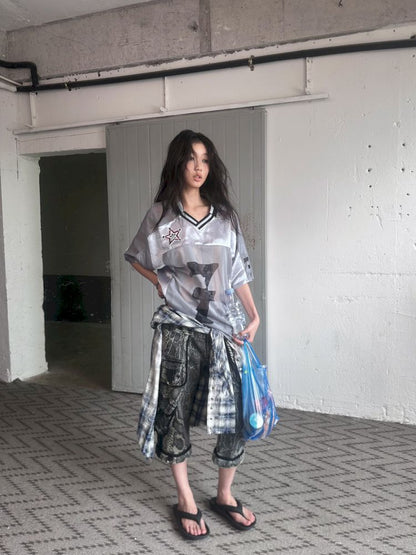 Satin Patchwork Street Oversize Jersey T-Shirt【s0000008498】