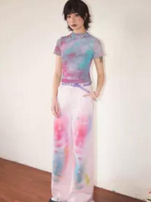 Straight Printed Raw Hem Jeans【s0000008823】