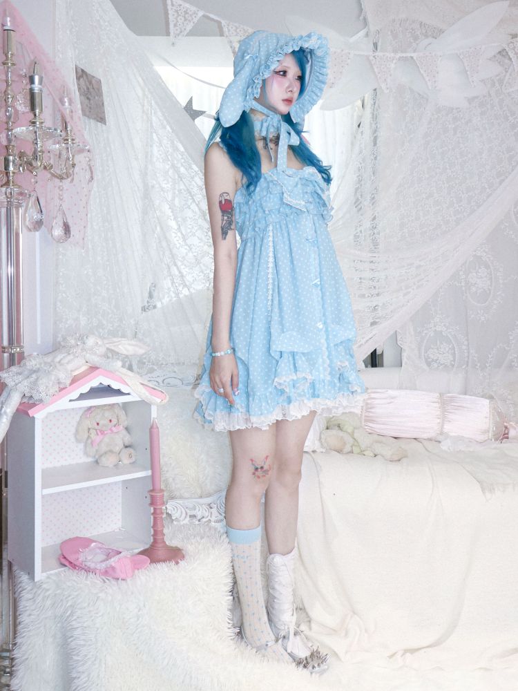 Polka dot strapless dress/chiffon bow jacket