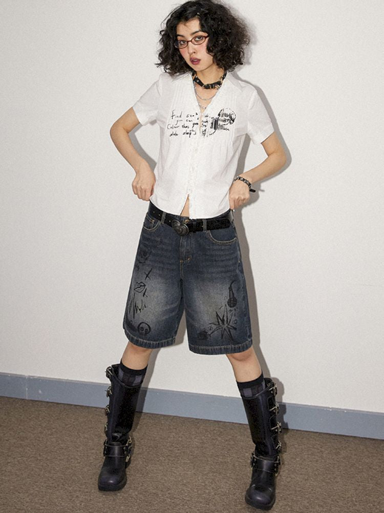 Printed Pinch Pleat Positive Shoulder Short Sleeve Shirt【s0000008834】