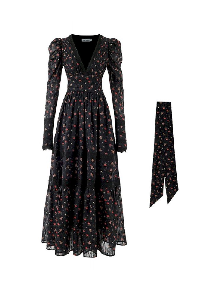 Retro bear floral lace waist long V-neck dresses【s0000004741】
