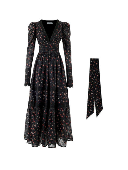 Retro bear floral lace waist long V-neck dresses【s0000004741】