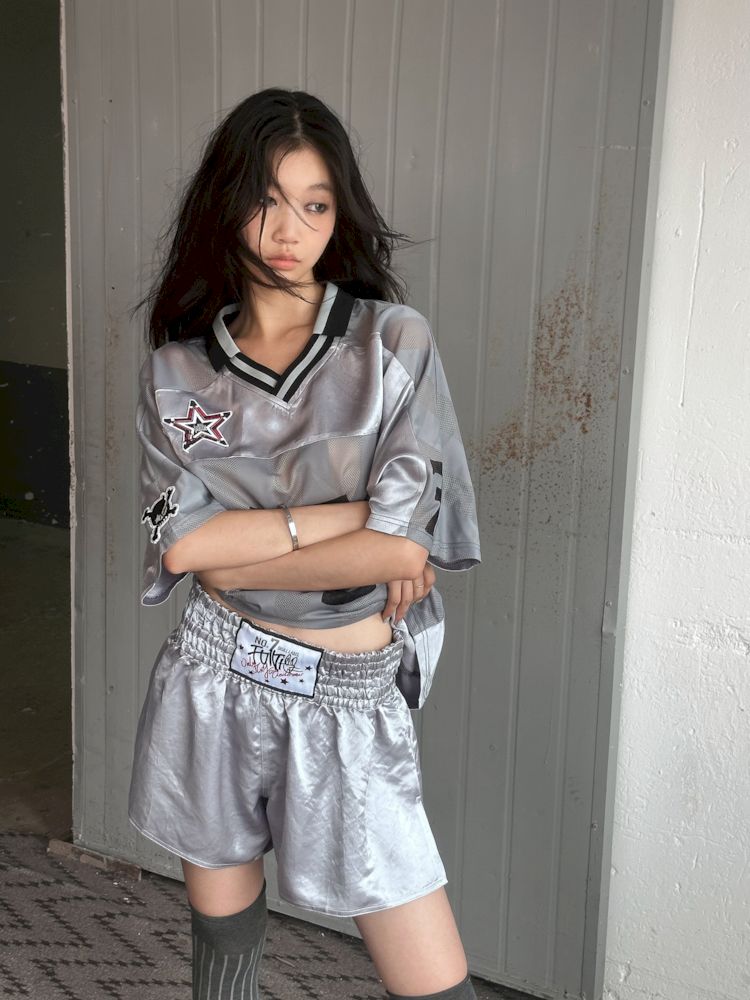 Satin Patchwork Street Oversize Jersey T-Shirt【s0000008498】