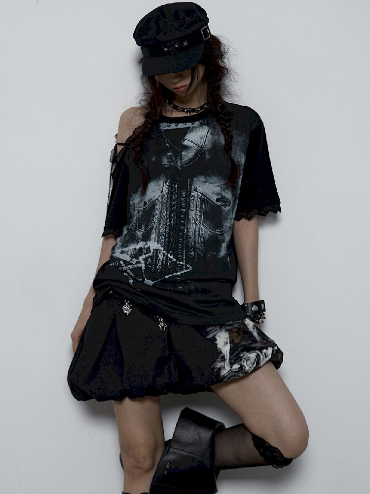 Spliced Lace Strapless Loose Slim Short Sleeve T-Shirt【s0000009383】