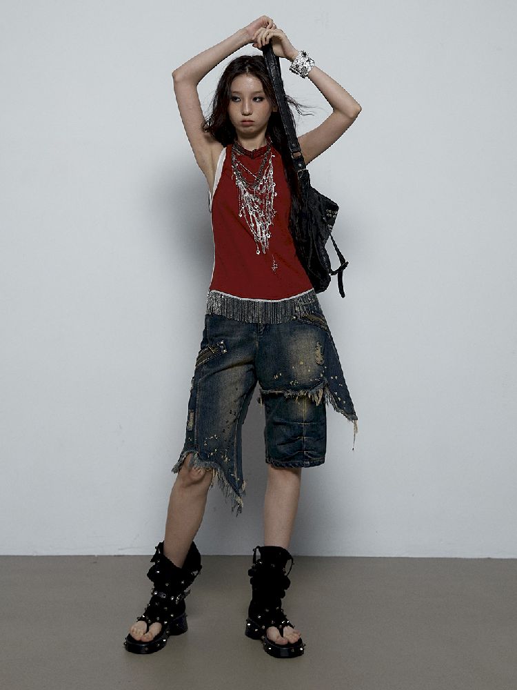 Fake Two Piece Clashing Fringe Patchwork Vest【s0000009389】